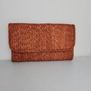 Vintage Orange Straw/ Jute Flap Clutch Purse Interior Zip Pocket